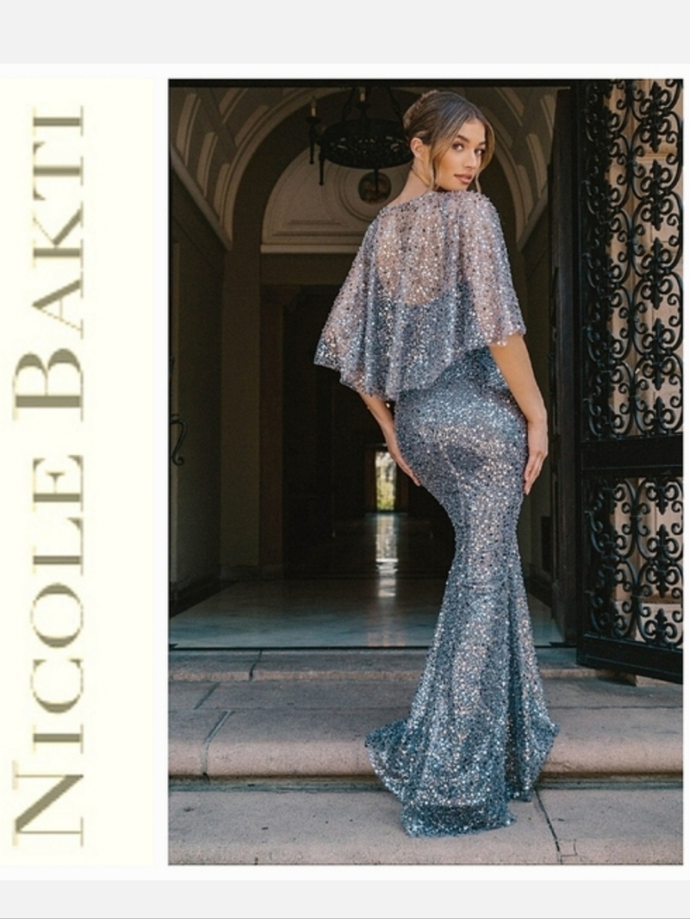 Nicole Batki Maxi Gown Silver Sequin Cape Top Formal Sz 10 NWT QuietLuxury